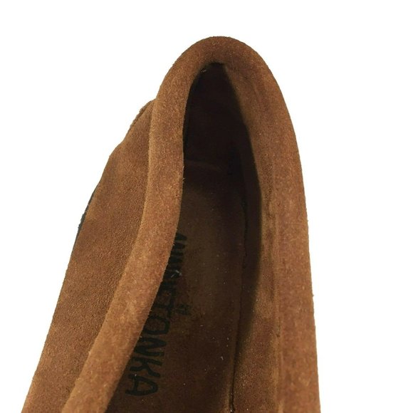 Minnetonka Leather Flats Moccasins Women 7.5 Beaded Brown Slip On Stitched Shoes - Picture 7 of 12